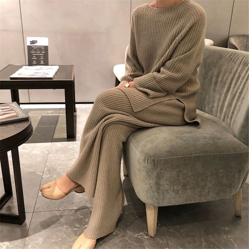 Women's Clothing Large size suits for women two piece suits autumn new fashion high end loose knit sweaters sweaters wide leg pants_voghion.com