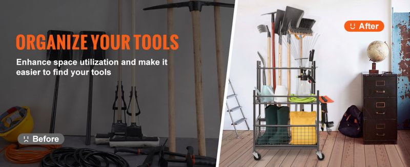 VEVOR Garden Tool Organizer, 16 Slots with Hooks, Yard Tool Tower Rack with Wheels for Garage Organization and Storage, Hold Long-Handled Tool/Rake/Br_voghion.com