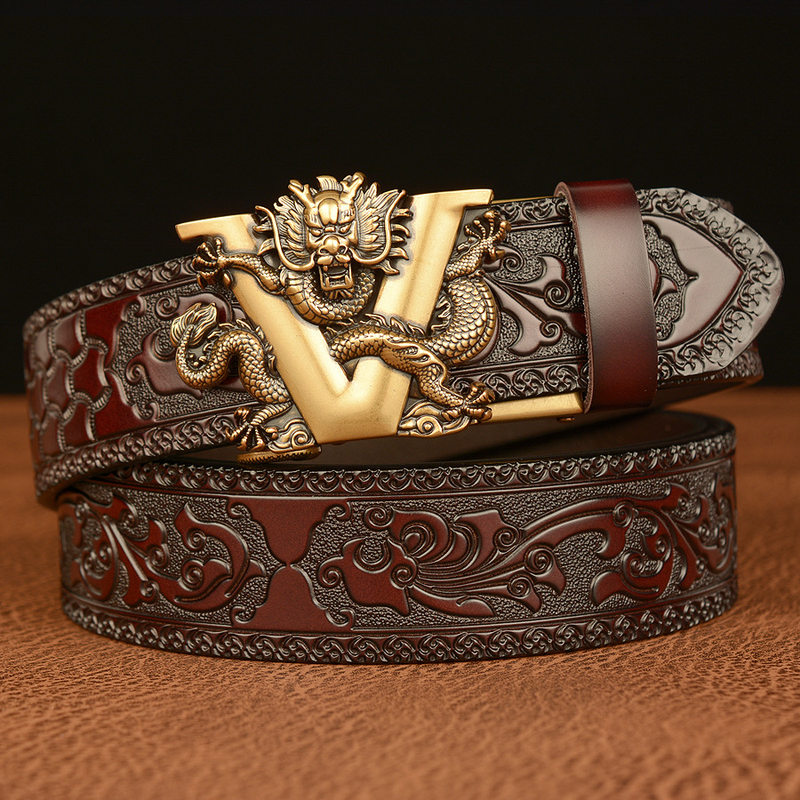 Neue Männliche China Dragon Gürtel Rindsleder Echtes Leder Gürtel Für Männer Carving Drachen Muster Automatische Schnalle Gürtel Strap Für Jeans B0033_voghion.com