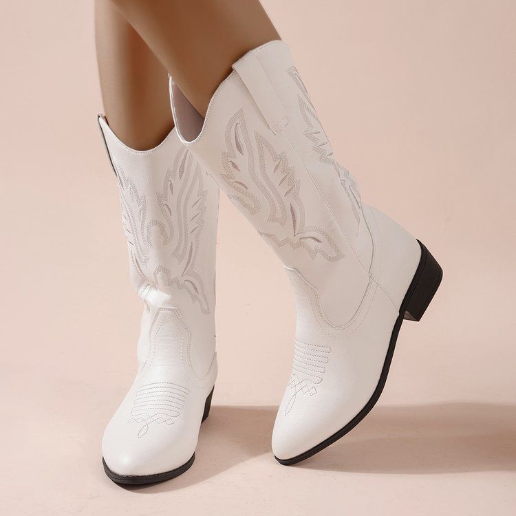 2023 New Chunky Heel Western Cowboy V-Cut Embroidered Slip-On Mid-Calf Pointed Toe Riding Boots_voghion.com