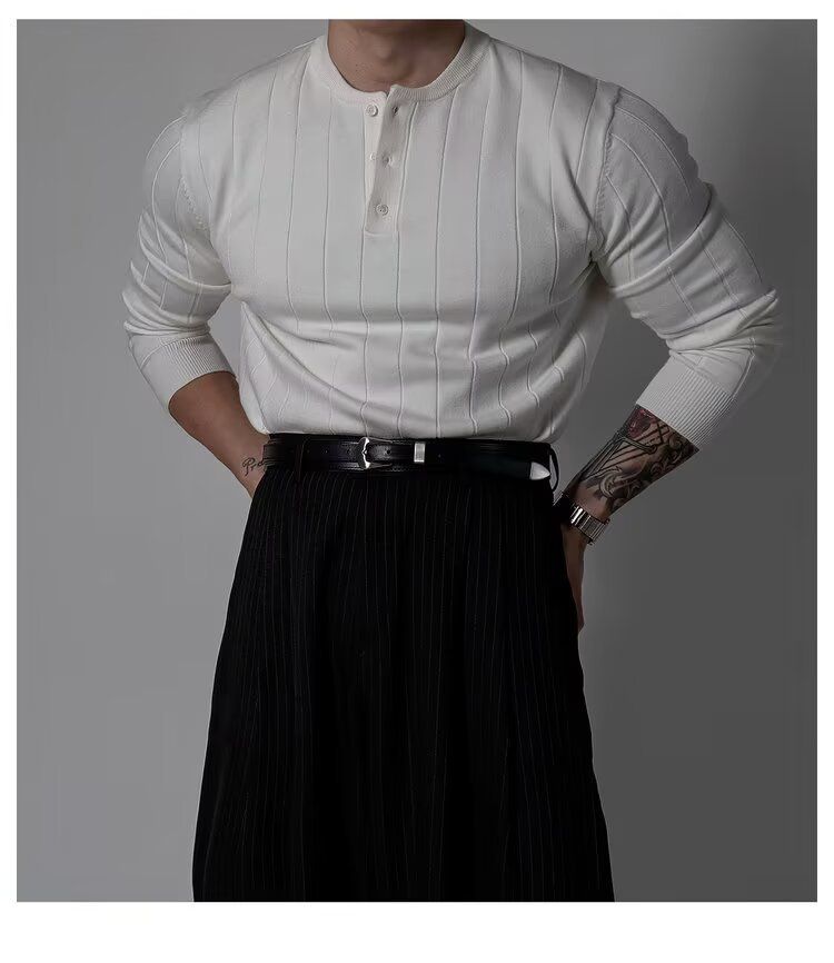 Maglione lavorato a maglia con scollo a V a coste retrò - Pullover unisex Cleanfit per autunno e inverno (nero/bianco) - Essenziale streetwear minimalista coreano_voghion.com