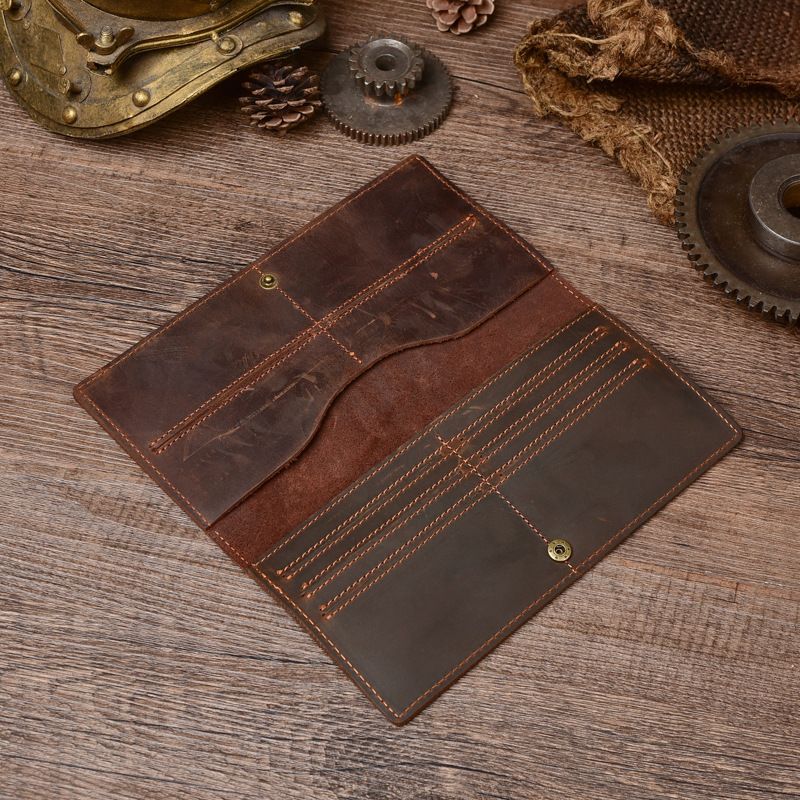 Bolso largo de cuero genuino hecho a mano para hombre, piel Crazy Horse, capa superior de piel de vacuno, bolso multifuncional para teléfono y pasaporte, estilo coreano y japonés._voghion.com