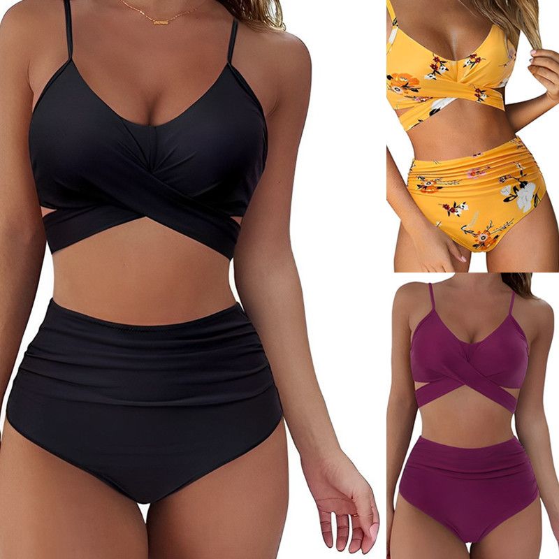 2025 New Bikini Women's Two-Piece Solid Color High-Waisted Swimsuit YQ0506_voghion.com