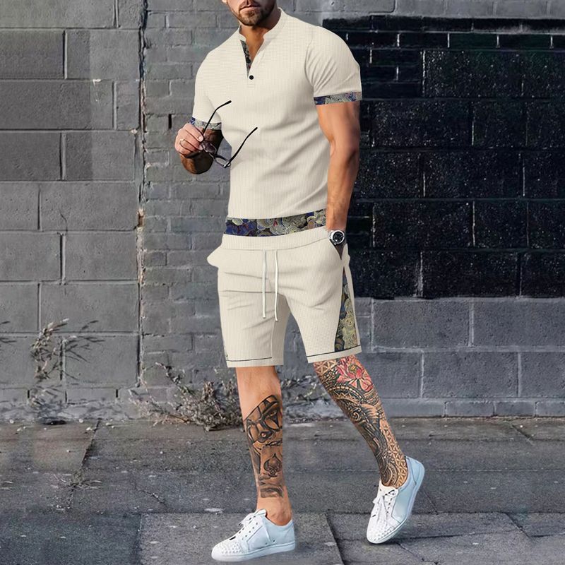 Sommer Waffelkragen Kurzarm Shorts Zweiteiler Set für Sport und Freizeit Herrenanzug_voghion.com