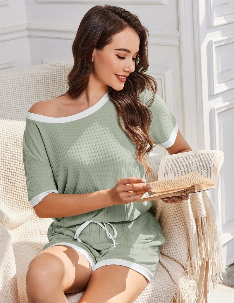 Kadın Giyim Yaz Yeni Düz Renk Çukur Çizgili Renk Uyumlu Pijama Kısa Kollu Ev Giyim Takımı_voghion.com