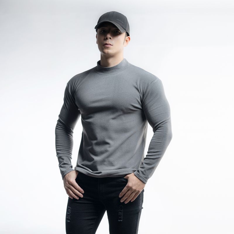Men's Thermal Long Sleeve T-Shirt For Running & Gym - Breathable Double-Layer Fleece, Round Neck & High Neck, Solid Colors (Black/White/Gray/Khaki)_voghion.com