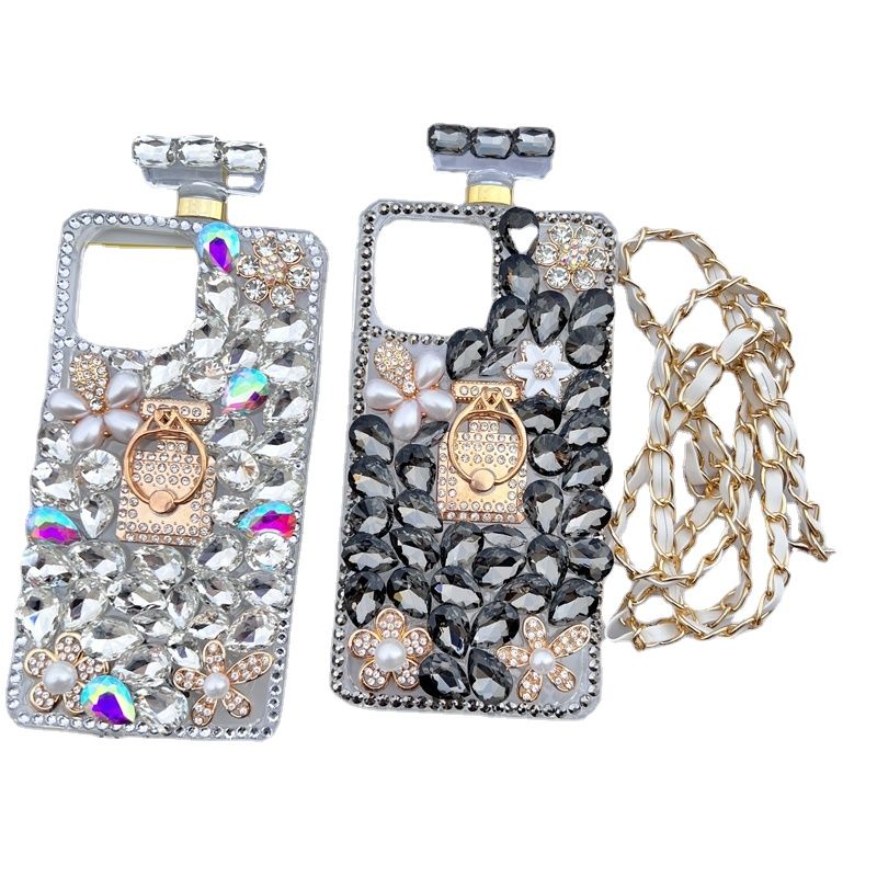 Handmade Perfume Bottle for iPhone 15, Diamond Rhinestone Case with Neck Strap, Bling Glitter Crystal, Shiny Clear_voghion.com