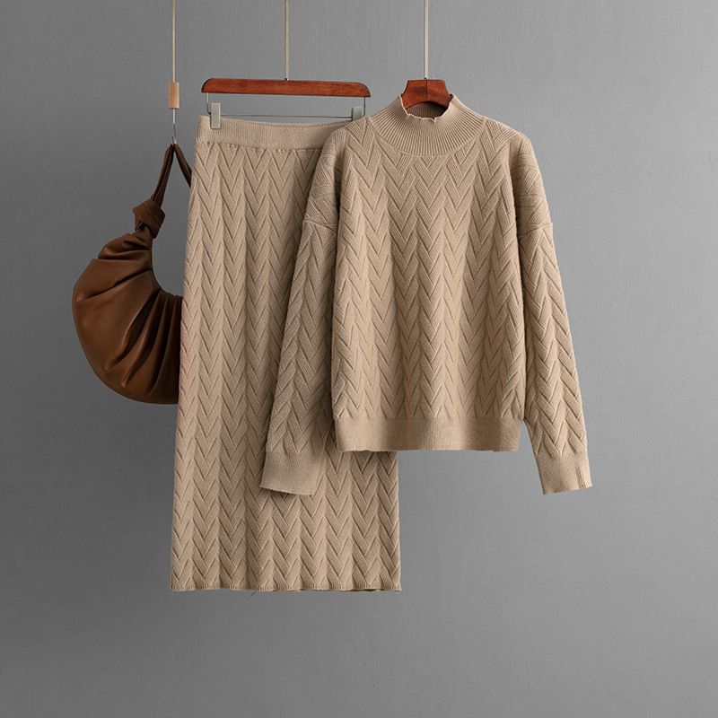 Women's Jacquard Knit Set – Mock Neck Top & Midi Skirt (One Size, Viscose-Blend, Black/Beige/Khaki/Olive/Lavender, Fall Workwear Collection)_voghion.com