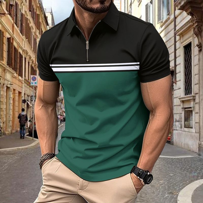 Polo estiva da uomo a maniche corte con cerniera alla moda a contrasto di colore_voghion.com