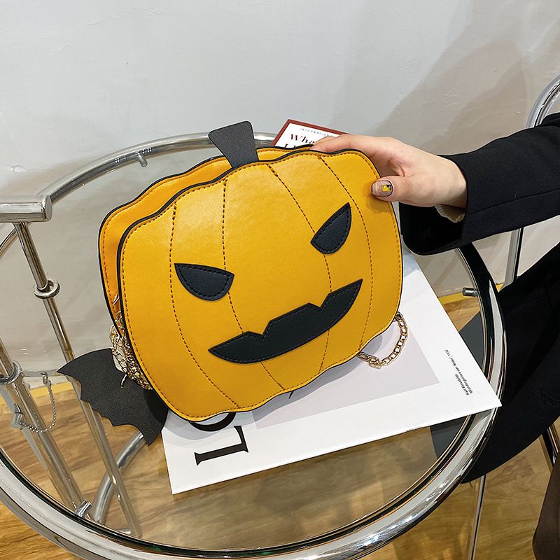 Borsa a tracolla con zucca glitterata a tema Halloween per donna - Borsa a tracolla in PU riflettente retrò con tasche con cerniera, accessorio alla moda e divertente_voghion.com