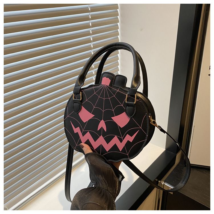Borsa a tracolla con zucca di Halloween - Piccola borsa a tracolla rotonda in stile retrò con blocchi di colore, chiusura con cerniera e tasca per telefono_voghion.com