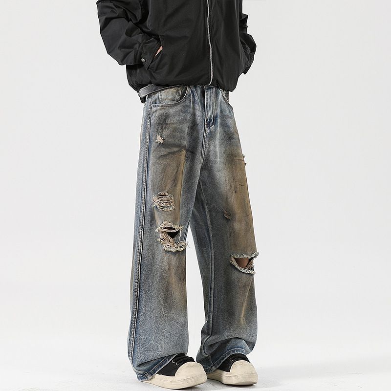 LKTM Herrenbekleidung # Gewaschene, kaputte, gebrauchte, schmutzige, fleckige Jeans für Männer und Frauen, lockere, gerade Röhre, trendige Marke, hoch C5b_voghion.com