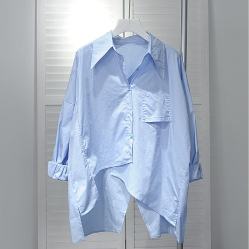 Abbigliamento da donna Camicia irregolare a maniche lunghe con spacco posteriore sottile e larga per donna alla moda_voghion.com