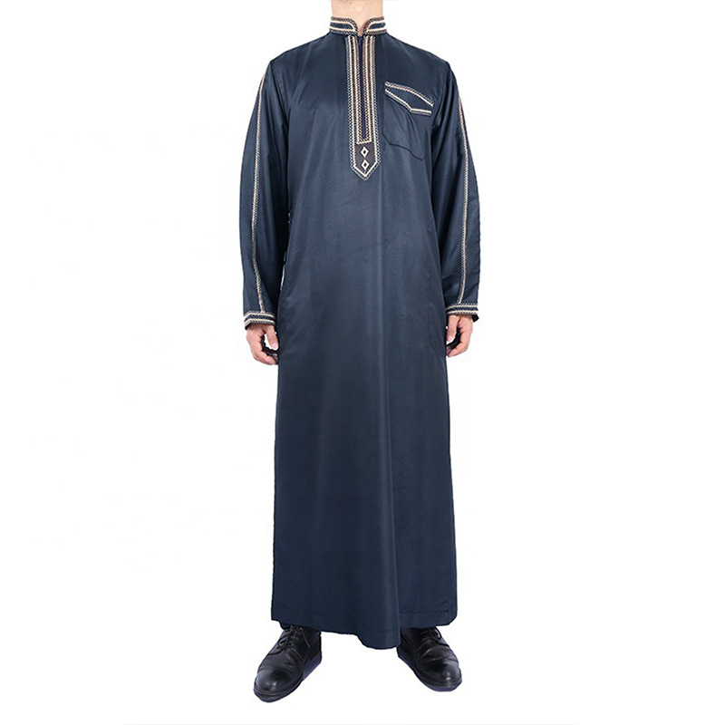 Bahar Stand Yaka Baskılı Erkek Giyim Etnik Stil Gevşek Uzun Tek Parça Müslüman Bornoz_voghion.com