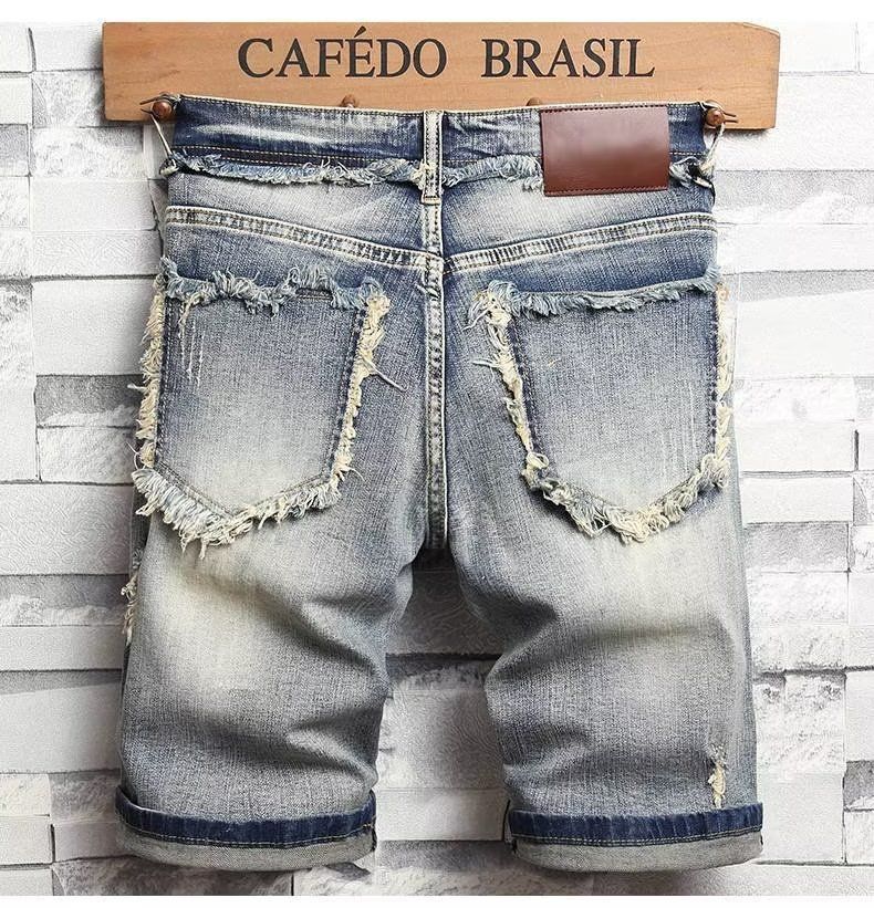 Herrenbekleidung Sommer-Jeansshorts für Herren, dünne Stretch-Jeans für Herren, mittlere Hose, zerrissene und zerkratzte Fünfviertelhose_voghion.com