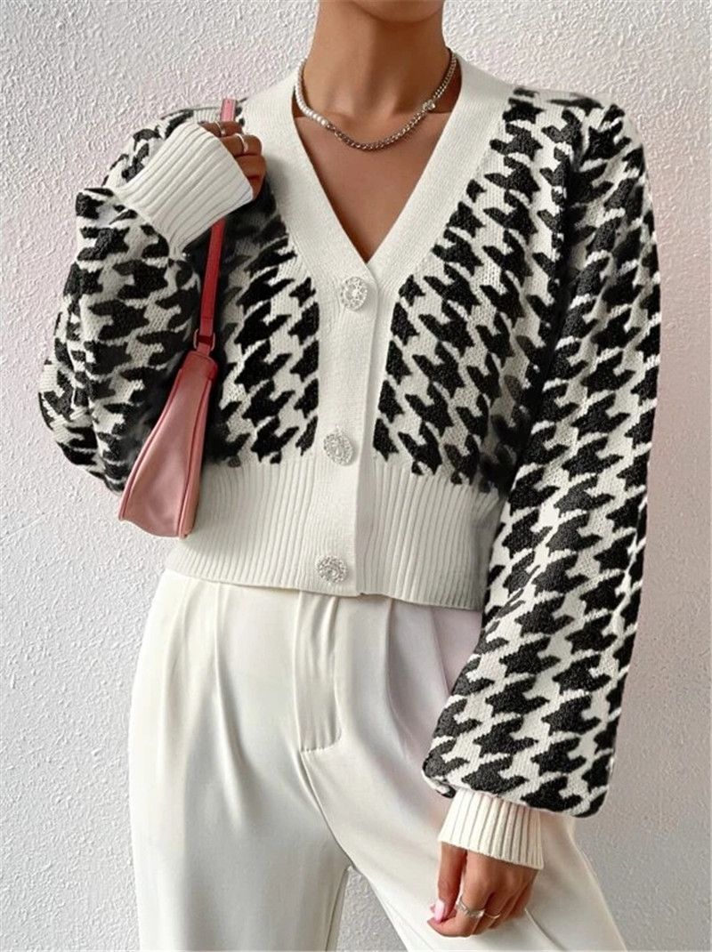 Dameskleding herfst en winter patroon lantaarn mouw gebreide cardigan trui korte jas_voghion.com