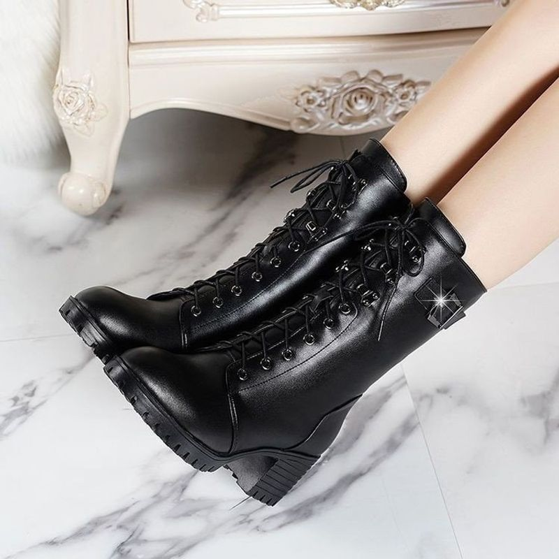 Frauen schuhe winter neue pu mid-ferse ferse plus fleece dicke frauen leder Mode Ritter mid-kalb Lange stiefel_voghion.com