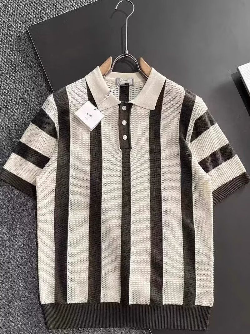 Maglietta a maniche corte a righe in maglia con risvolto a contrasto di colore, traspirante, alla moda e coordinabile._voghion.com