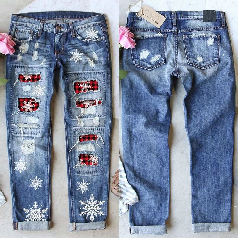 Gerade Jeans Damen Weihnachten Schneeflocke Gedruckt Patch Zerrissene Denim Hose_voghion.com