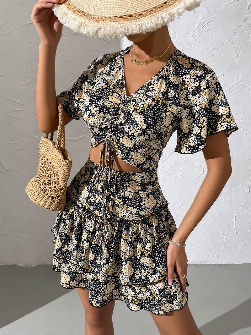 Bohemian print sexy v-neck crop beach vacation suit for women_voghion.com