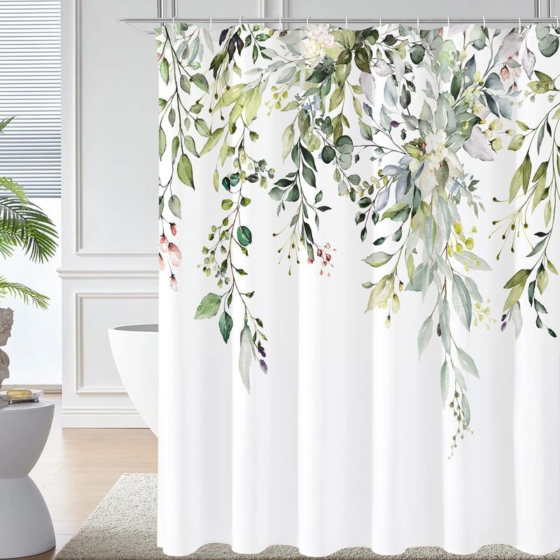 Cross-border Source Digital Printing Single Layer Blue Eucalyptus Waterproof Shower Curtain Set 72x72inch_voghion.com