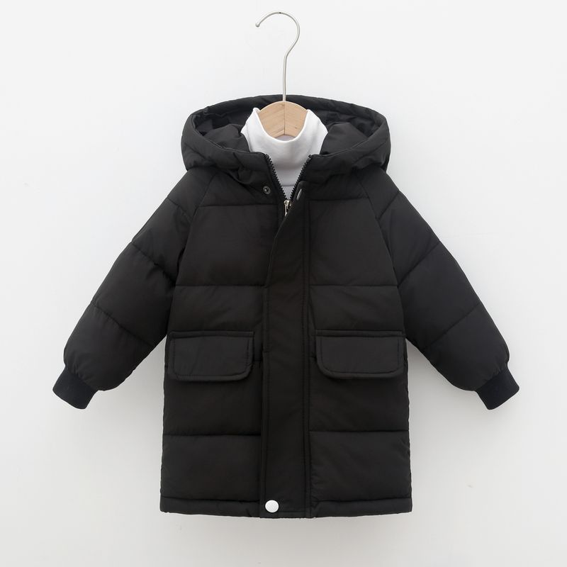 Giacca unisex in cotone di media lunghezza per bambini, con cappuccio e spessa (nero/bianco sporco/rosa/blu denim/bordeaux, 90-140 cm)_voghion.com