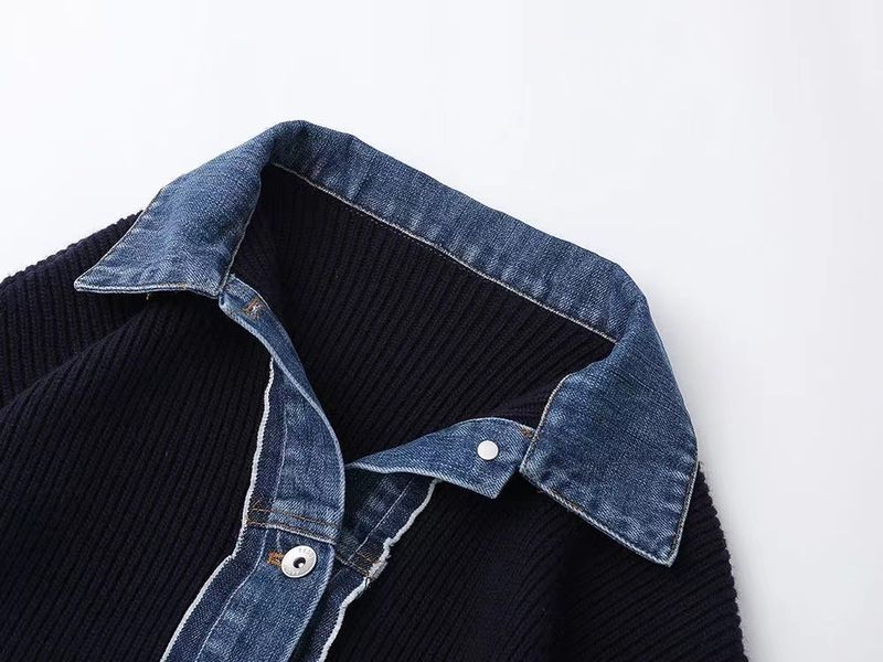 Damenbekleidung Lazy Style Pullover Damen Strickjacke Jacke Koreanische Version Lose Denim Spleißen Strickjacke Oberbekleidung Polokragen Top_voghion.com