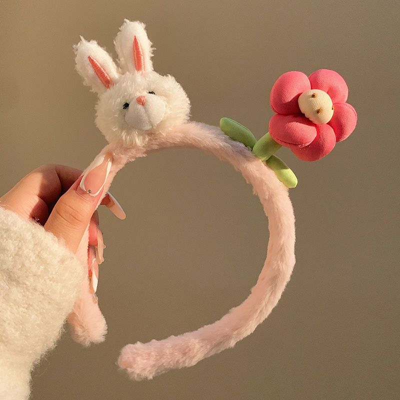 Fascia per capelli con grazioso coniglietto rosa e fiore in peluche per donna, fascia per il lavaggio del viso, fermaglio per capelli a corona alta, dolce fascia per capelli autunno inverno_voghion.com