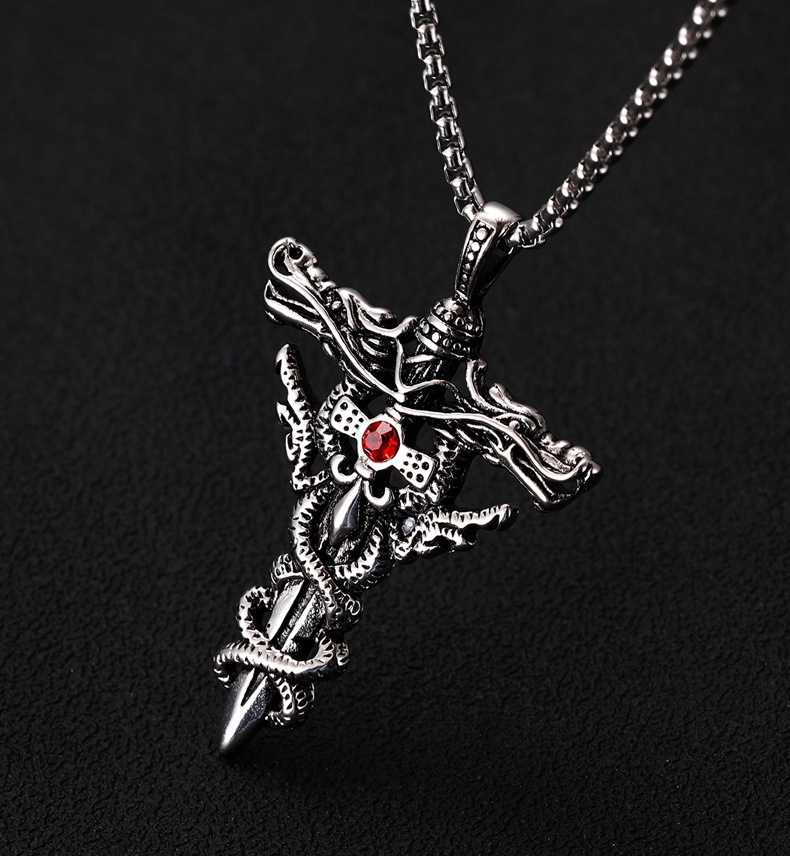 Fashion Double Dragon Sword Titanium Steel Necklace Pendant Retro Punk Cross Lucky Fortune Men's Accessories Jewelry _voghion.com