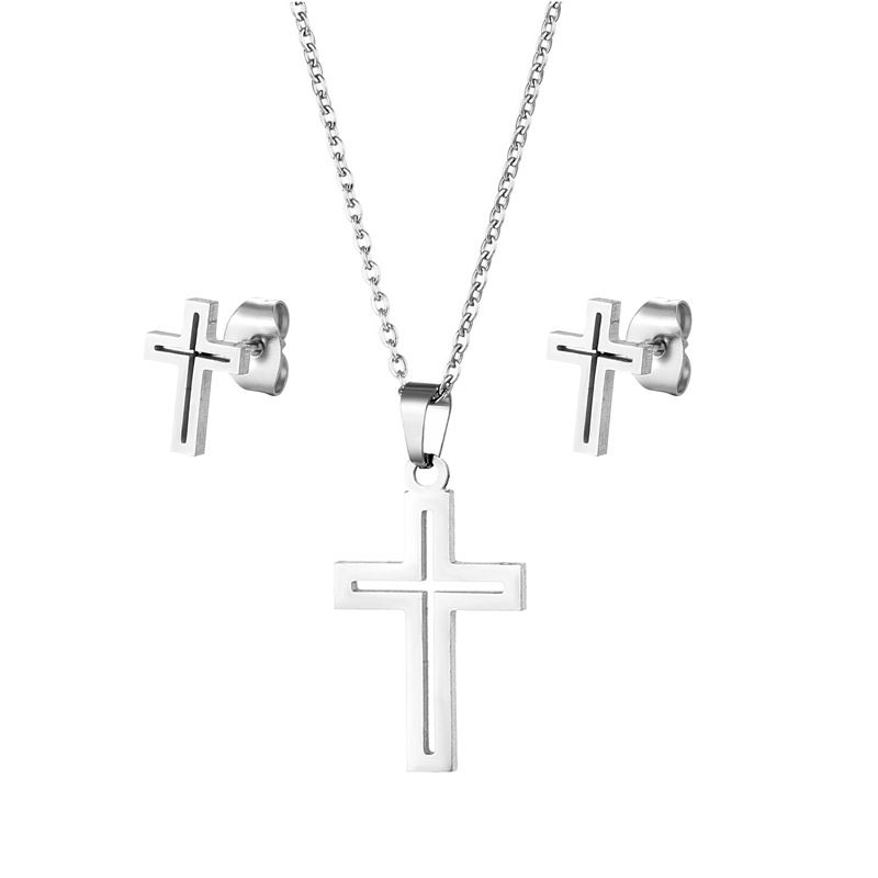 Titan Stahl Halskette Für Frauen Hohl Pullover Kette Kalten Stil Kreuz Ohrringe Halsband Set Hip Hop Zubehör_voghion.com