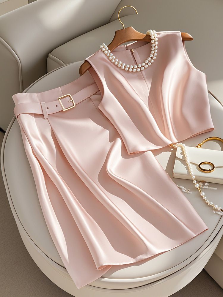 Ensemble deux pièces haut et jupe rose pour femme_voghion.com
