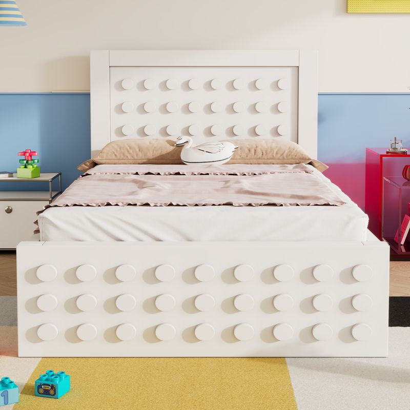 Holzbett 90x190cm Mit Blockdesign, Massivholz, Schubladen, Stauraum, Blanc_voghion.com