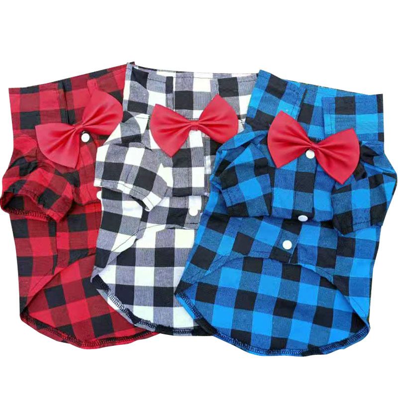 Chemise à carreaux avec nœud tendance pour chien, costume de printemps et d'automne, robe de mariée, vêtements pour animaux de compagnie_voghion.com