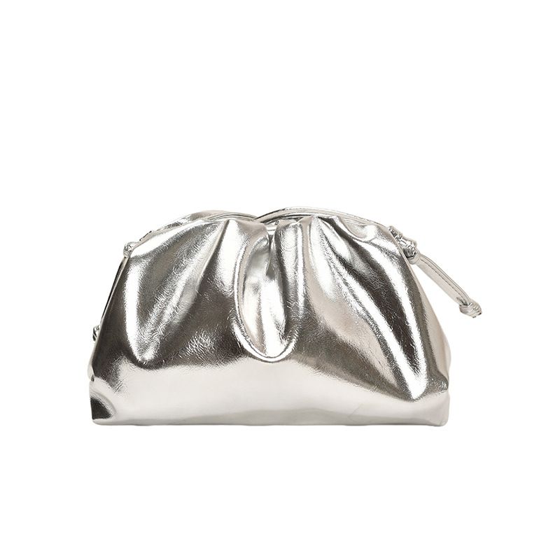 Nischendesign, faltige Wolke, PU, weiche Lederstruktur, silberfarbene Schulter-Umhängetasche, Abendtasche_voghion.com
