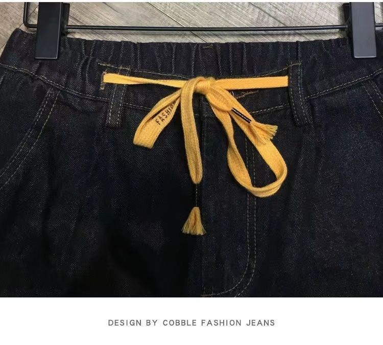 Elastic waist drawstring jeans for men's summer new slim fit small foot Harlan trendy casual cropped pants_voghion.com