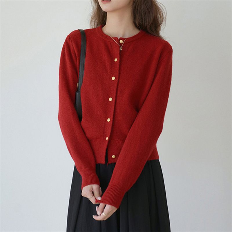 Cardigan lavorato a maglia con scollo rotondo e bottoni dorati, da donna, coreano, delicato, autunno 2024, casual, basico, giacca_voghion.com