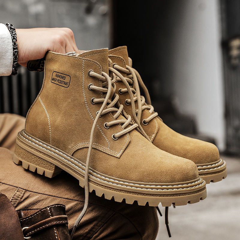 Autumn And Winter Leather Martin Boots Men's High-top British Retro Tooling Boots Thick-soled Heightening Matte Leather Short Boots Rhubarb Boots_voghion.com