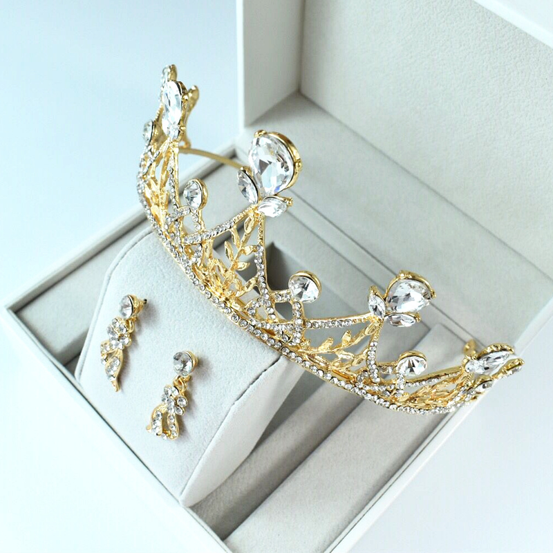 New hot selling bridal crown earrings set diamond birthday crown handmade beaded tiara hair accessories wedding accessories_voghion.com