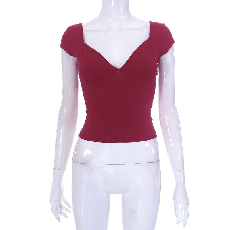 Abbigliamento donna nuovi top casual a maniche corte scollati in tinta unita_voghion.com