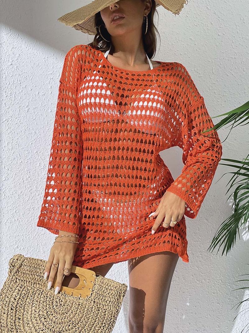 Damenbekleidung Sexy Strickpullover mit Hohlsaum, Rundhalsausschnitt, langärmelig, Bikini-Badeanzugbluse_voghion.com