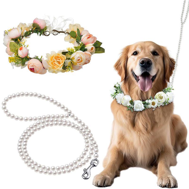 2025 New Pet Simulation Flower Collar Dog Necklace With Pearl Leash Set For Wedding Photoshoot_voghion.com