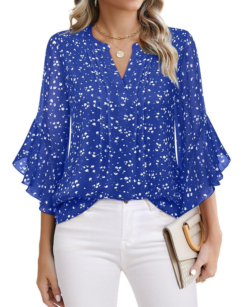 Camicia da lavoro in chiffon con scollo a V, manica a tre quarti, modello Verve Lotus Leaf, tinta unita, casual e alla moda, abbigliamento da donna_voghion.com