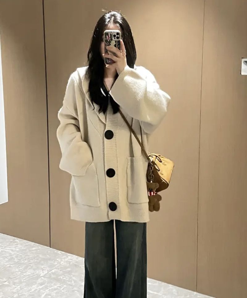 Cardigan lavorato a maglia con cappuccio ispessito e pigro per ragazza, autunno inverno, per donna, nuovo stile coreano, elegante e di alta qualità_voghion.com