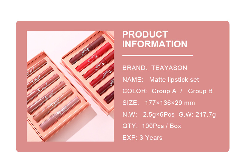 6-Piece Non-Stick Cup Matte Lipstick Pen Set Gift Box - Including Shades Of Nude Mauve And Bold Red_voghion.com