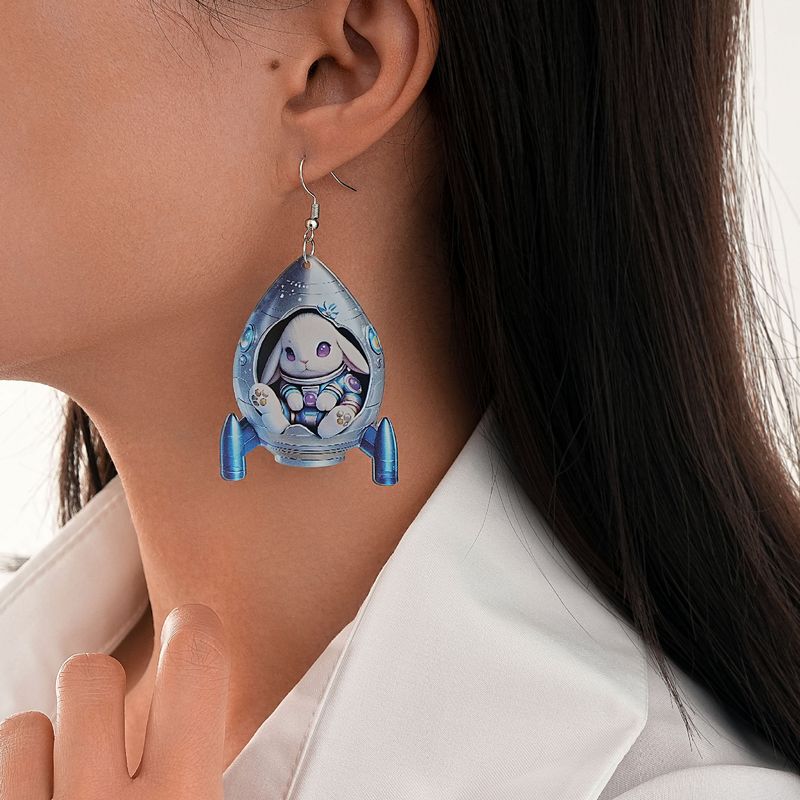 Nuovi orecchini in acrilico eco-compatibili semi-gestiti, simpatici orecchini a forma di coniglietto con stella e astronave_voghion.com
