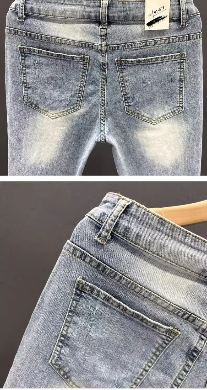 Jeans aderenti da uomo Ins Korean Version con strappi e vestibilità attillata da nove pollici, alla moda estiva per giovani, blu chiaro, gambe marce, aderenti_voghion.com