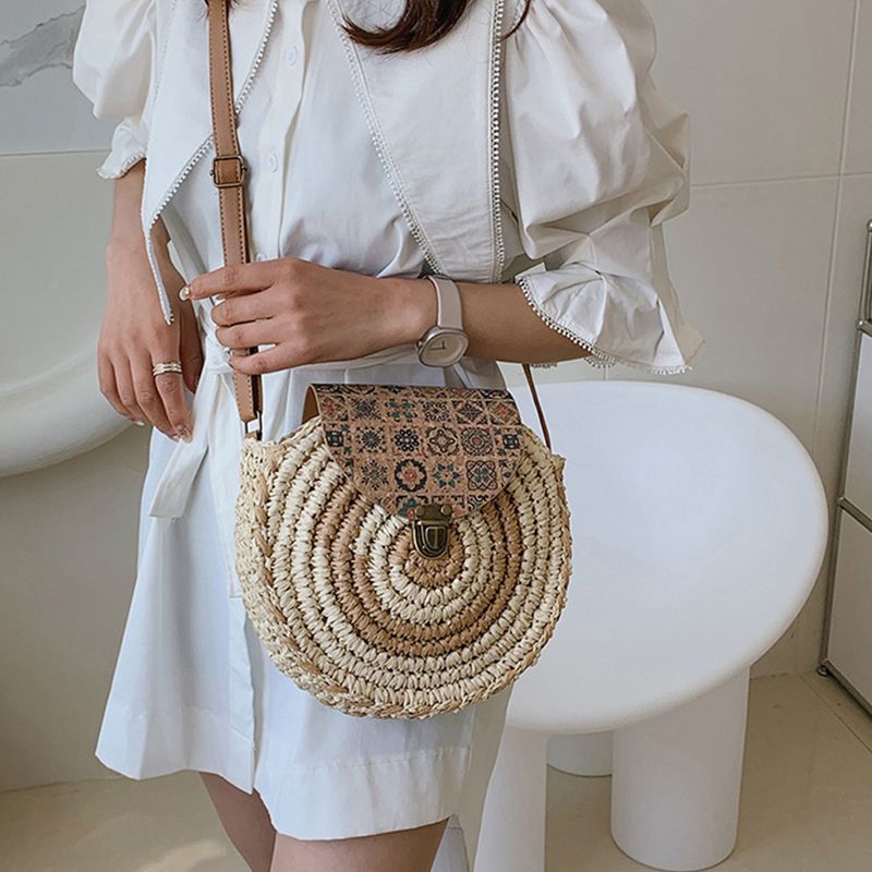 Runde Stroh Strandtasche Vintage handgefertigt gewebt Schultertaschen Bast Kreis Rattan Bohemian Sommer Urlaub Diagonal Pack_voghion.com
