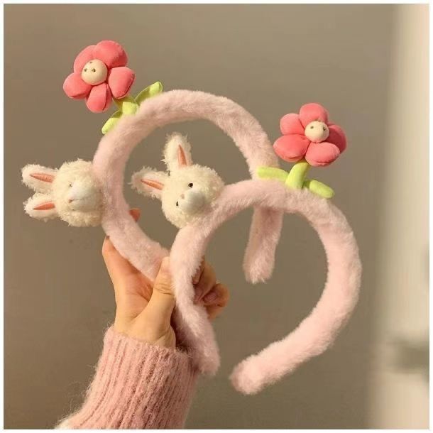 Fascia per capelli con grazioso coniglietto rosa e fiore in peluche per donna, fascia per il lavaggio del viso, fermaglio per capelli a corona alta, dolce fascia per capelli autunno inverno_voghion.com