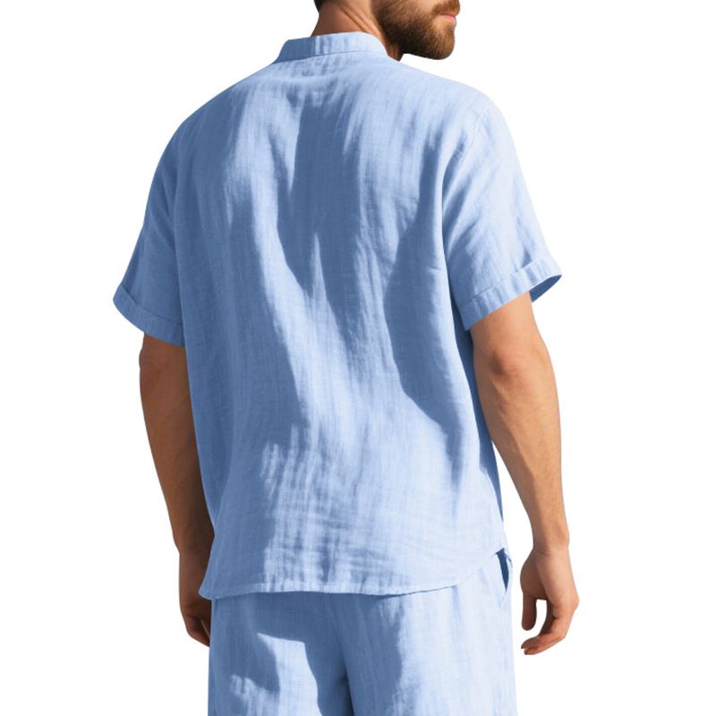 Camisa de lino de manga corta para hombre, nueva, de color liso, con cuello alto y bolsillo, holgada, informal_voghion.com