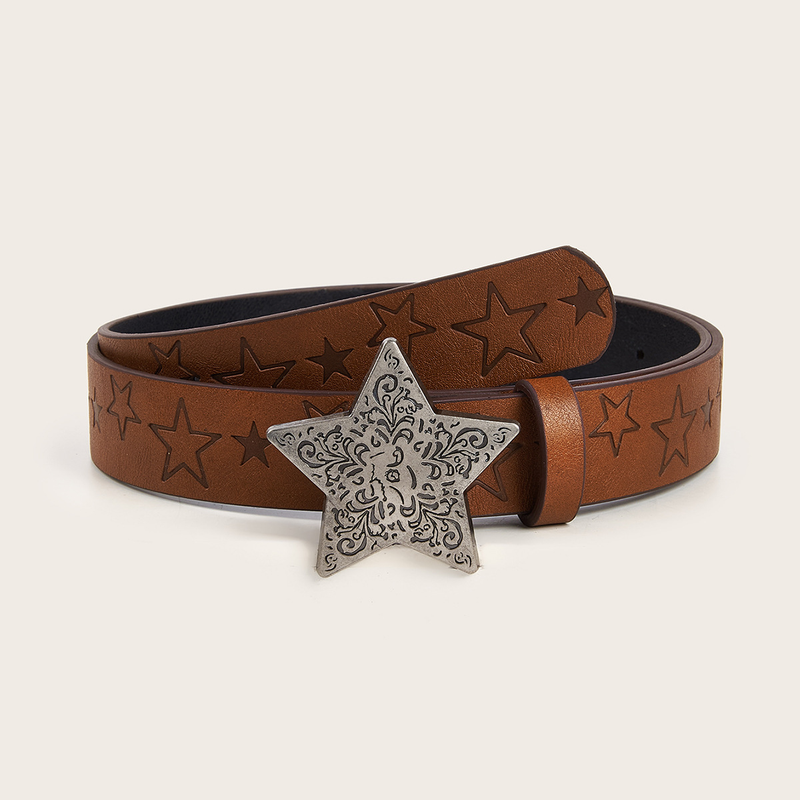 Wind Spicy Girl Daily Brown Texture Button Star Print Pattern Batch Belt For Men And Women_voghion.com